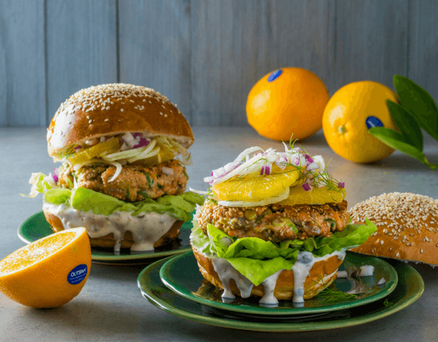 Salmon Burgers with Navel Orange and Fennel Salsa