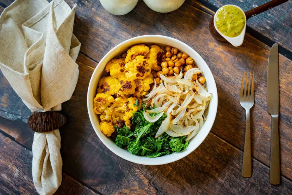 Roasted Veggie Bowl with Roasted White Onion Dressing