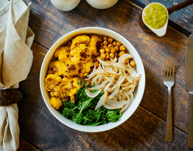 Roasted Veggie Bowl with White Onion Mustard Dressing