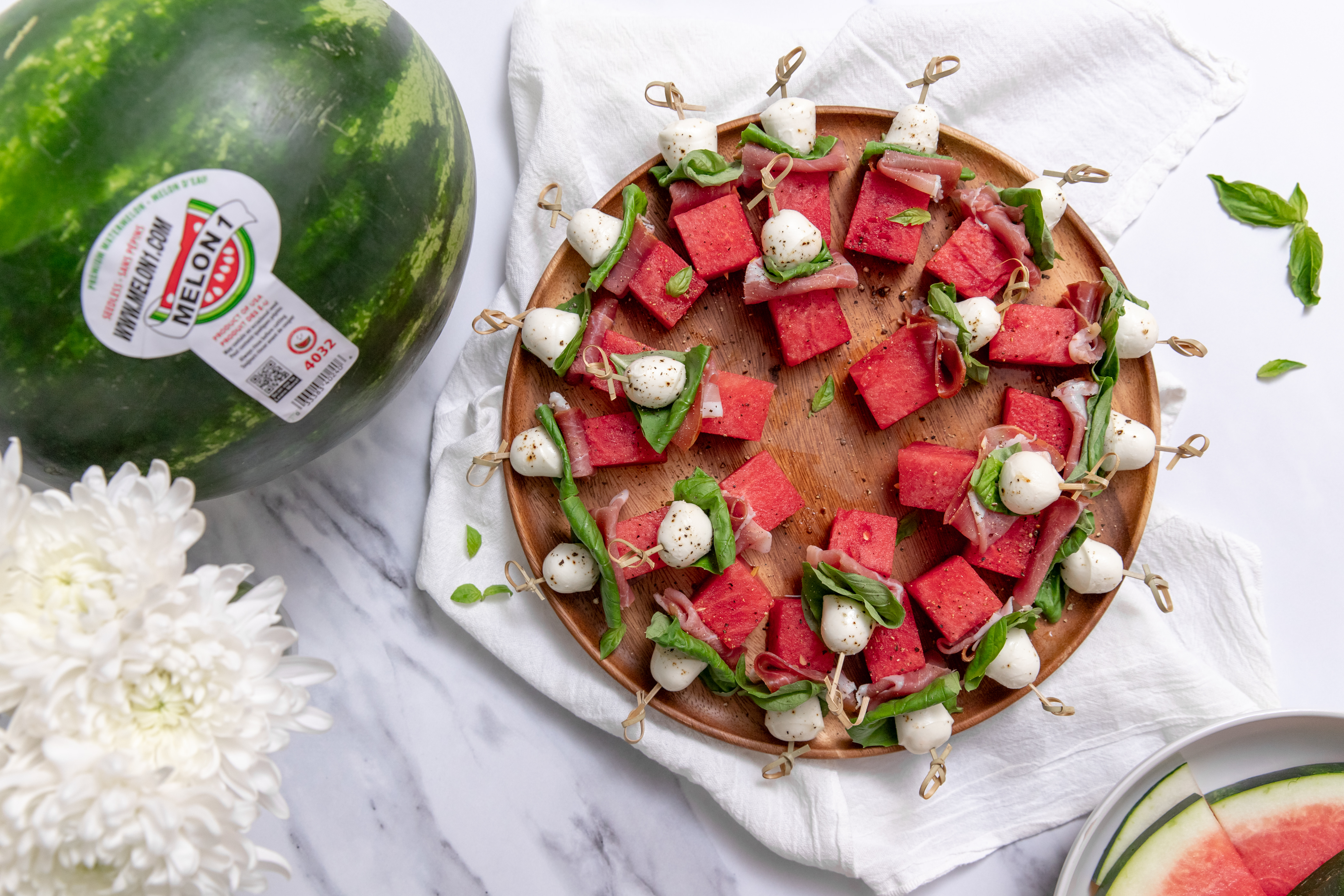 Watermelon, Mozzarella, Prosciutto Skewers